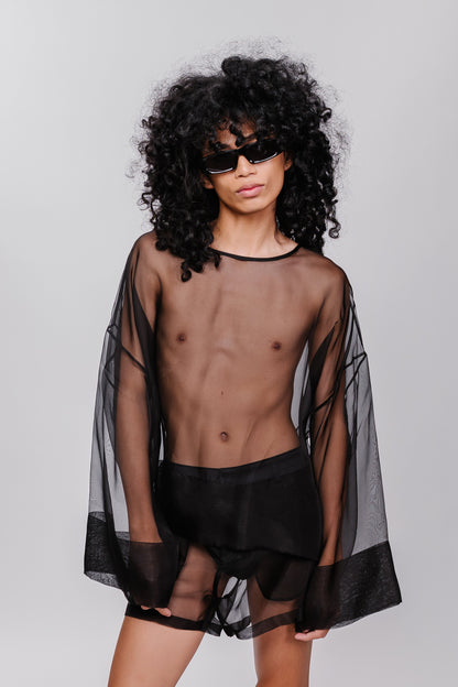 Boatneck Silk Organza Top w/ Wide Sleeves