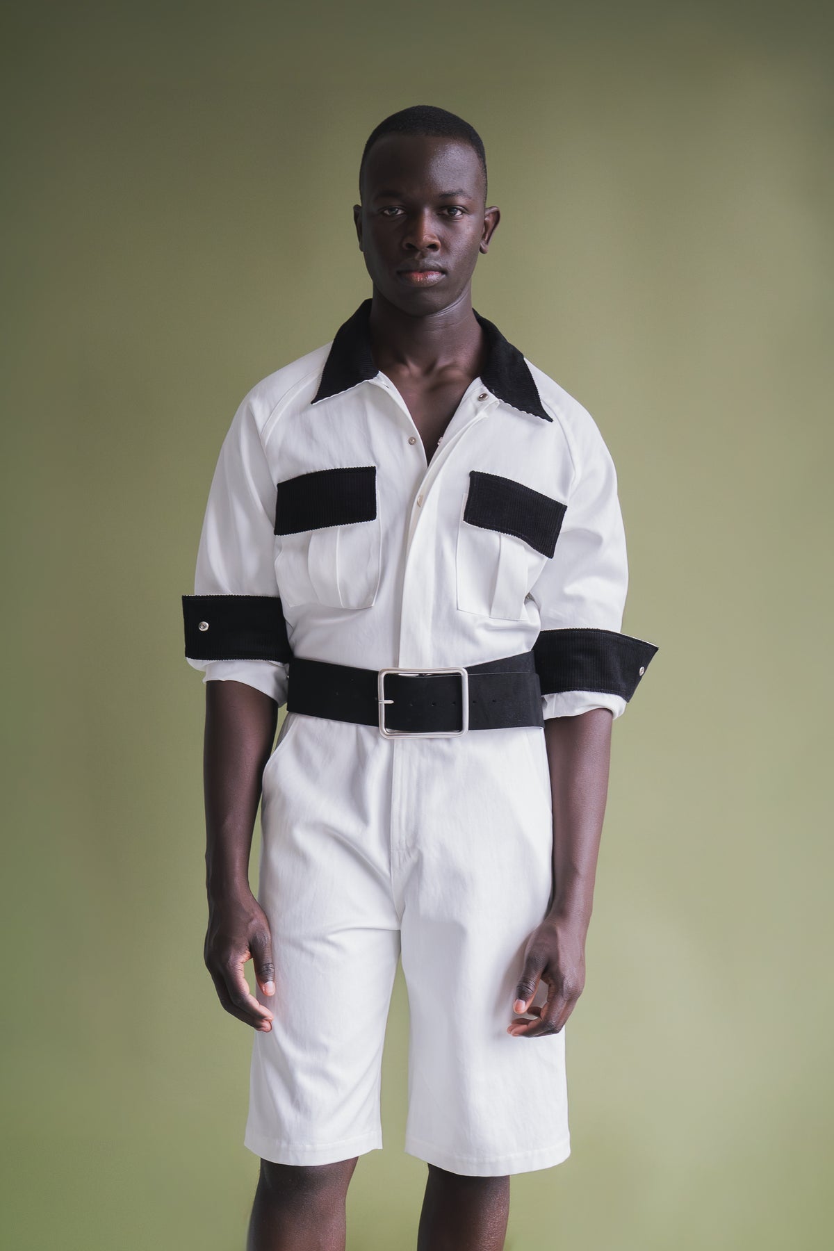 Cotton Twill Jumpsuit w/ Corduroy Trims