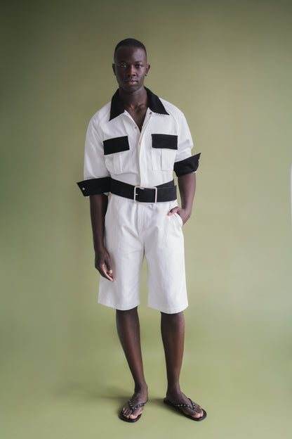 Cotton Twill Jumpsuit w/ Corduroy Trims