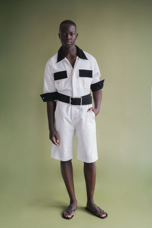 Cotton Twill Jumpsuit w/ Corduroy Trims