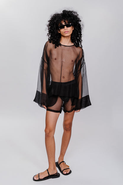 Boatneck Silk Organza Top w/ Wide Sleeves