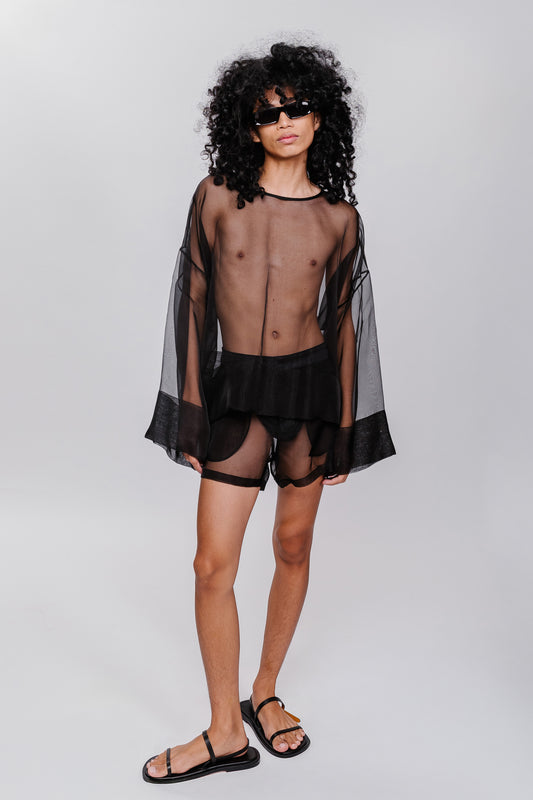 Boatneck Silk Organza Top w/ Wide Sleeves